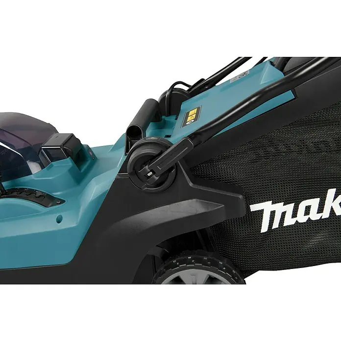 Makita XGT 40V max. Akku-Rasenmäher LM003GZ - 40 V, Ohne Akku, 8 Ah, Schnittbreite: 38 mm - Türkiser und schwarzer Elektromäher mit schwarzem Netzfangkorb und Makita-Logo. Rad und Bedienelemente sind sichtbar.