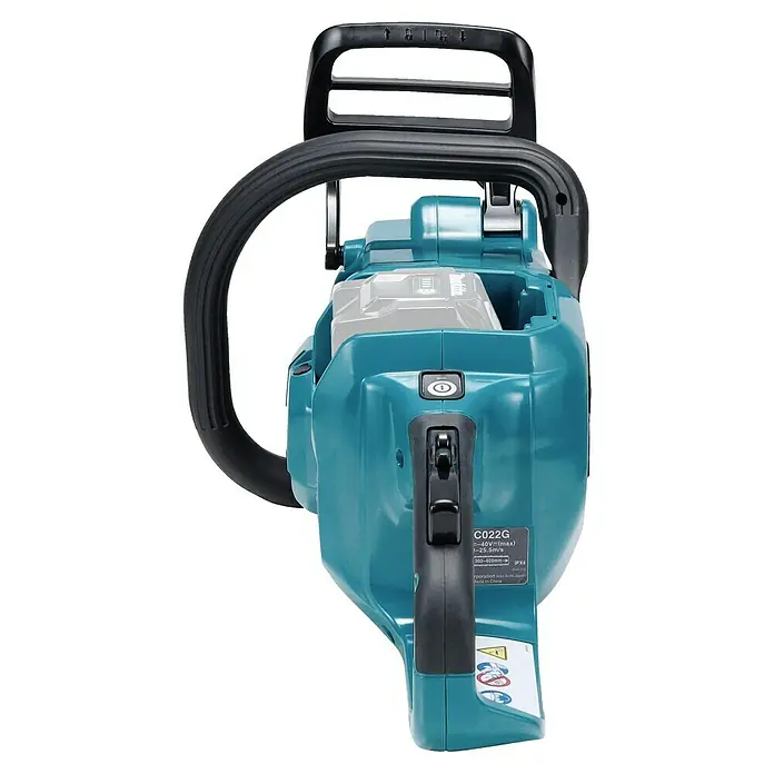 Makita XGT 40V max. Akku-Kettensäge UC022GZ - 40 V, Li-Ionen, Ohne Akku, Schwertlänge: 350 mm - Türkis- und schwarze Akku-Kettensäge mit großem schwarzen Griff, von der Seite gesehen, zeigt das Akkufach.