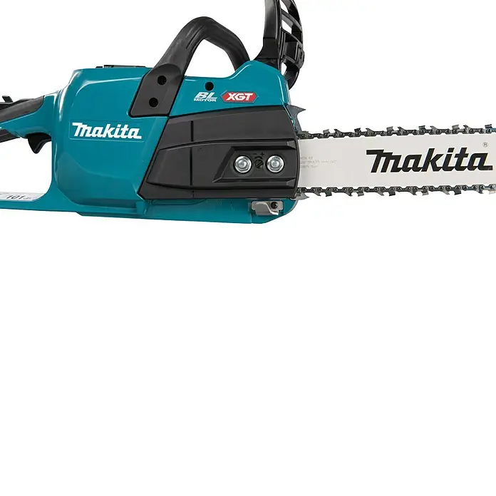 Makita XGT 40V max. Akku-Kettensäge UC025GZ - 40 V, Li-Ionen, Ohne Akku, Schwertlänge: 350 mm - Türkise und schwarze Makita Akku-Kettensäge mit silberner Kette und Führungsschiene, BL Motor und XGT Branding.