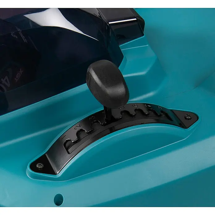 Makita XGT 40V max. Akku-Rasenmäher LM004GZ - 40 V, Ohne Akku, 8 Ah, Schnittbreite: 43 mm - Aquablau-grünes Bedienfeld mit schwarzem Gangwahlschalter für die Stufen 1-6 und 'ST'.
