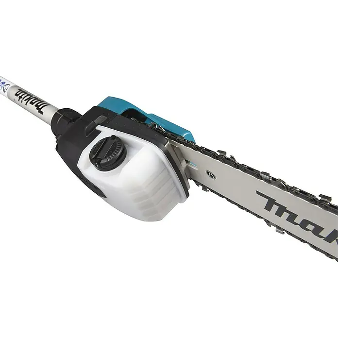 Makita Hochentaster-Aufsatz EY403MP - Passend für: DUX18, DUX60, DUX01G - Pole-Sägeaufsatz mit schwarzem und türkisem Gehäuse, transparentem Öltank und silberner Kette/Sägeblatt, Makita-Marke.