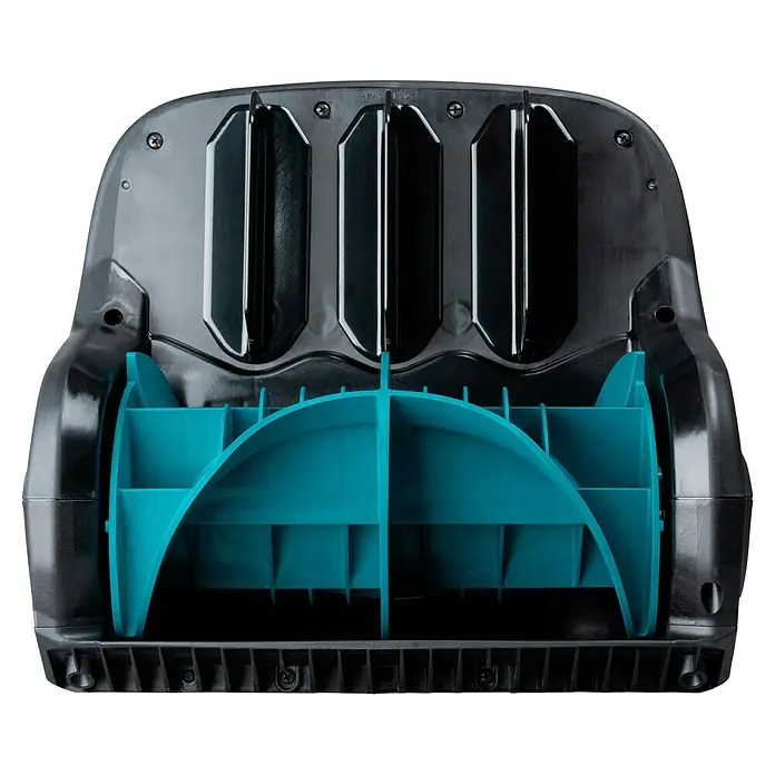 Makita Multifunktionswerkzeug-Zubehör Schneefräsen-Aufsatz SN400MP - Passend für: DUX18, DUX60, UX01G - Schwarzes Kunststoffgehäuse mit einem türkisfarbenen Rotor und inneren Flügeln.
