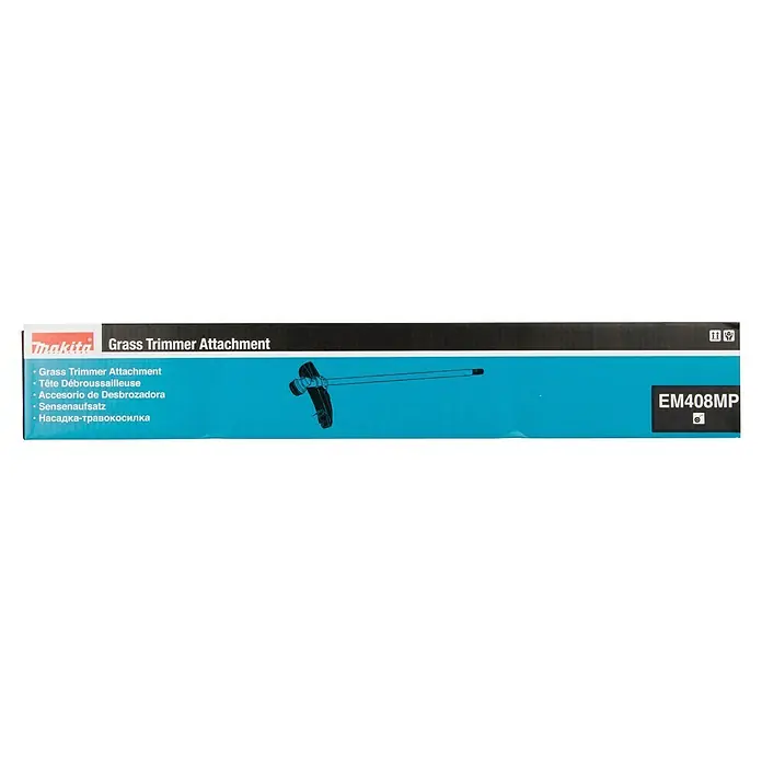 Makita Rasentrimmeraufsatz EM408MP - Passend für: DUX18, DUX60, UX01G - Makita EM408MP Grass Trimmer Aufsatz Verpackung. Schwarze und blaue Schachtel mit Trimmer-Illustration.