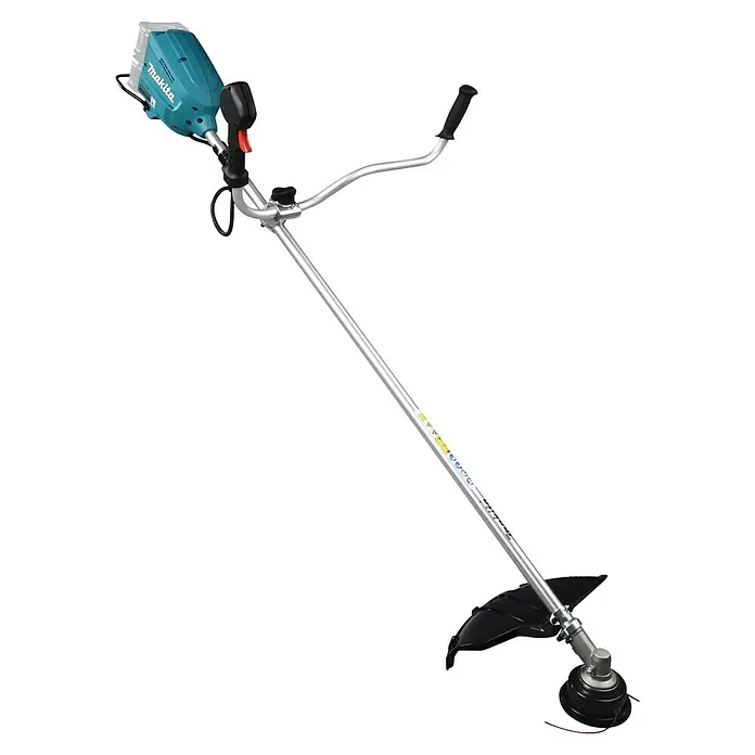 Makita XGT 40V max. Akku-Freischneider UR012GZ06 - 40 V, 8 Ah, Ohne Akku, Schnittbreite Faden: 305 cm - Makita Akku-Rasentrimmer mit türkis-schwarzem Motorgehäuse, silbernem Schaft und schwarzen Griffen, bereit zum Gras trimmen.