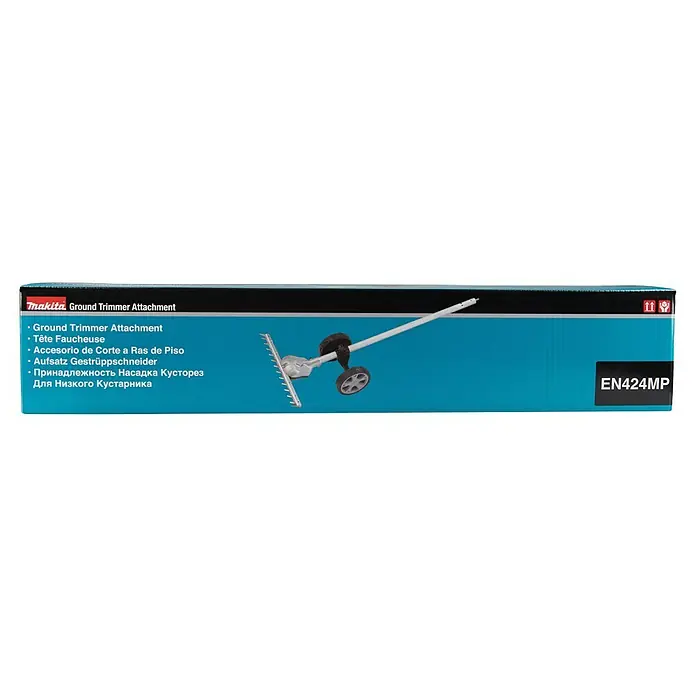 Makita Gras- & Strauchscherenaufsatz EN424MP - Passend für: DUX18, DUX60, UX01G - Makita Bodentrimmer-Aufsatz mit Rädern und langem Schaft, auf der Verpackung abgebildet.