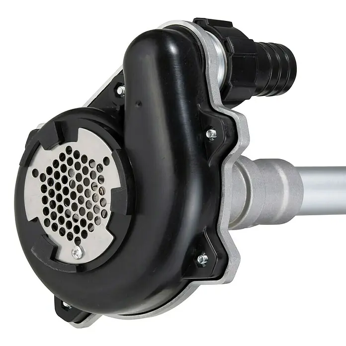 Makita Tauchpumpen-Anschlussstück PF400MP - Passend für: DUX18, DUX60, UX01G - Schwarzes Kunststoff-Gebläse mit silbernem Metallgitter und Rohrverbindung.