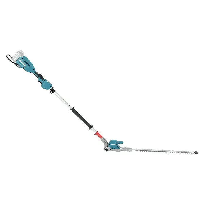 Makita XGT 40V max. Akku-Heckenschere UN001G - 40 V, Li-Ionen, Ohne Akku, Schnittlänge: 600 mm - Eine türkis-schwarze kabellose Makita Teleskop-Heckenschere mit langem silbernen Verlängerungsstiel und scharfer Klinge.