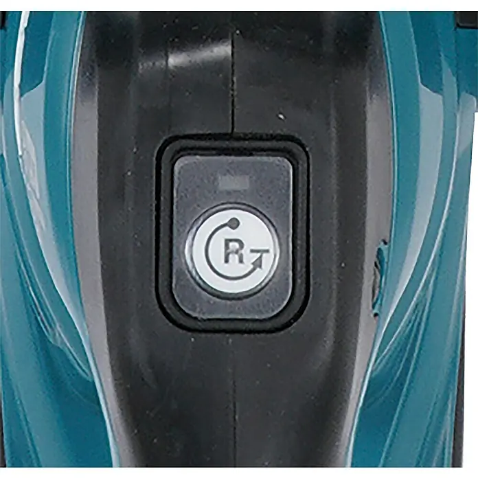 Makita XGT 40V max. Akku-Heckenschere UH020GZ - 40 V, Li-Ionen, Ohne Akku, Schnittlänge: 500 mm - Grauer Knopf mit weißem Kreissymbol, das einen rotierenden Pfeil um 'R' zeigt, für Rückwärts- oder Drehfunktion.