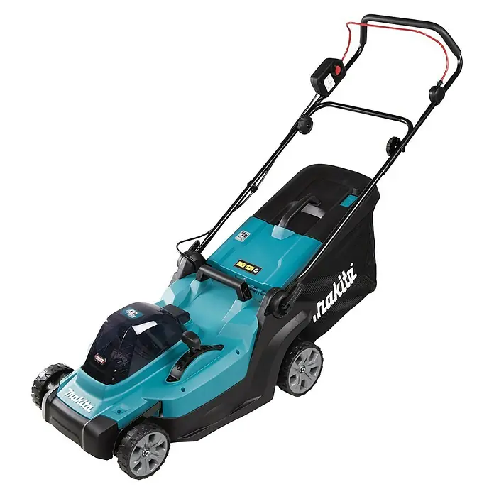 Makita XGT 40V max. Akku-Rasenmäher LM004GZ - 40 V, Ohne Akku, 8 Ah, Schnittbreite: 43 mm - Ein türkis-schwarzer Akku-Rasenmäher mit Grasfangkorb und roten Griffakzenten.