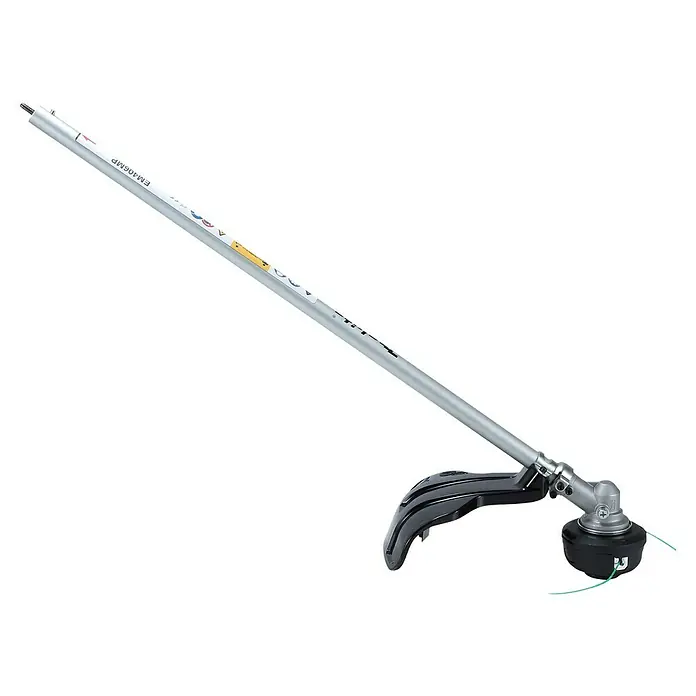 Makita Rasentrimmeraufsatz EM406MP - Passend für: DUX18, DUX60, UX01G - Silberner Freischneider-Vorsatz mit schwarzem Schutz und schwarzem Trimmerkopf mit grüner Schnur.