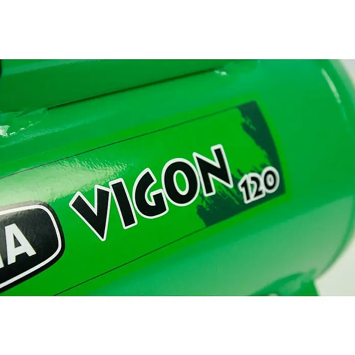 Prebena Kompressor Vigon 120 - Max. Druck: 8 bar, 12 l - Grüner Metallzylinder mit dem Etikett „VIGON 120“.