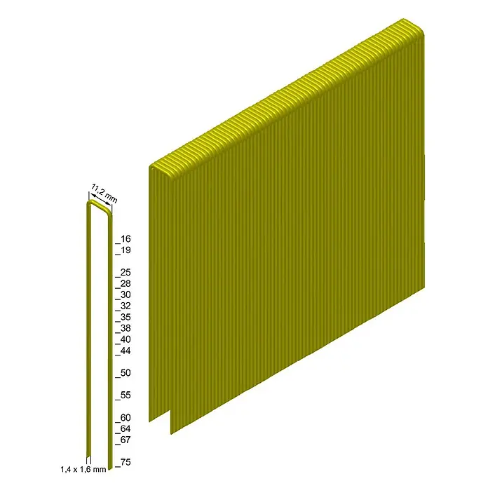 Prebena Heftklammer Typ Z - Länge: 25 mm, Rückenbreite: 11,2 mm, 17.500 Stk. - Ein Streifen gelb-grüner magasinierter Nägel, 1,4x1,6 mm Draht, Längen 16-75 mm und 11,2 mm Kopfbreite.