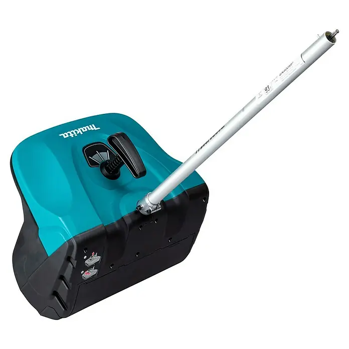 Makita Multifunktionswerkzeug-Zubehör Schneefräsen-Aufsatz SN400MP - Passend für: DUX18, DUX60, UX01G - Türkis-schwarzer Makita Multifunktions-Motorblock mit angesetztem silbernen Schaft, von oben betrachtet.