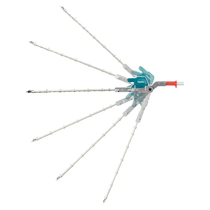 Makita XGT 40V max. Akku-Heckenschere UN001G - 40 V, Li-Ionen, Ohne Akku, Schnittlänge: 600 mm - Makita Heckenschere mit verstellbarem, mehrwinkligem Schneidkopf und ausziehbarer Stange, in Türkis, Grau und Rot.
