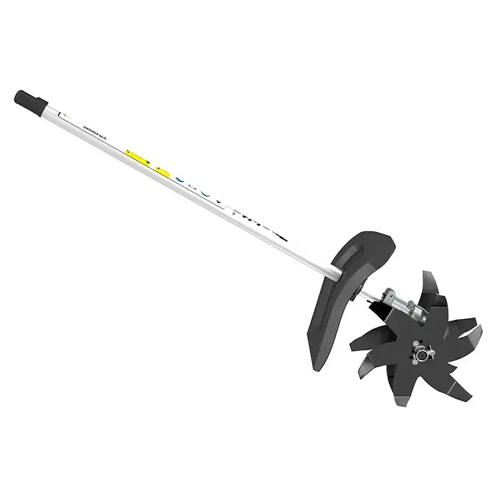 Makita Kultivator Aufsatz KR400MP - 16 cm Arbeitsbreite - Weißer Gartenkultivator-Aufsatz mit schwarzer Endkappe und dunkelgrauem Fräskopf mit mehreren sternförmigen Klingen.