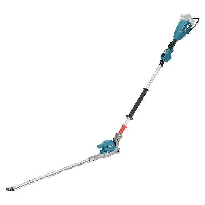 Makita XGT 40V max. Akku-Heckenschere UN001G - 40 V, Li-Ionen, Ohne Akku, Schnittlänge: 600 mm - Türkise und schwarze Akku-Stielheckenschere mit langem silbernem Messer und oben montiertem Akku.