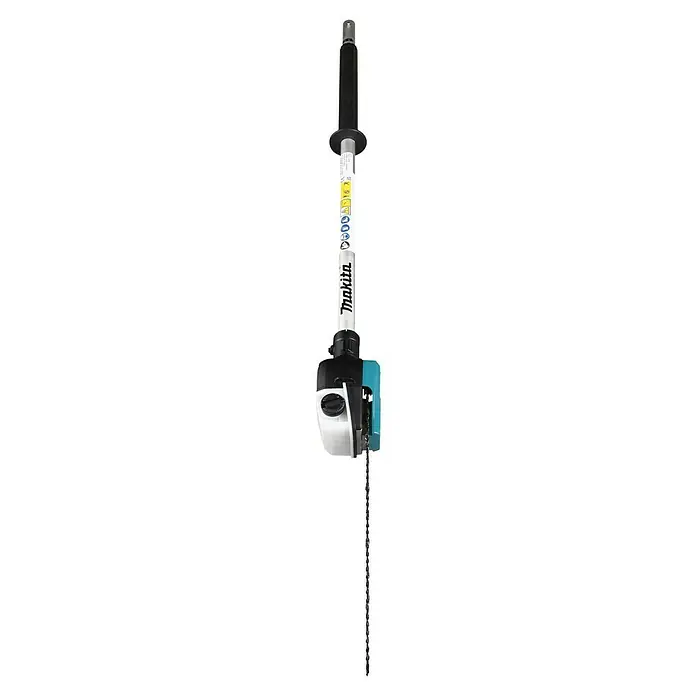 Makita Hochentaster-Aufsatz EY403MP - Passend für: DUX18, DUX60, DUX01G - Langer Hochentaster-Vorsatz mit schwarzem Griff, weißem Schaft mit Makita-Branding und einem türkisen Kettensägekopf mit Kette.