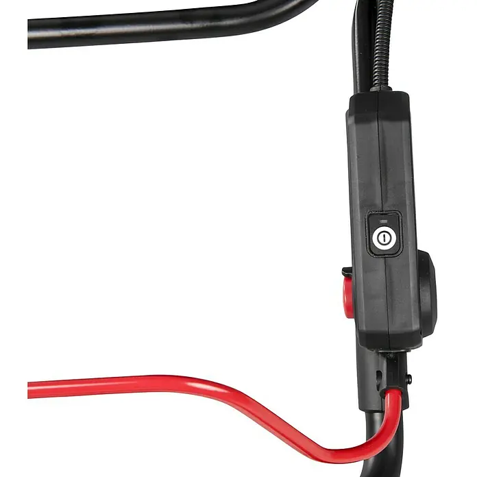 Makita XGT 40V max. Akku-Vertikutierer UV001GZ - Anzahl Akkus: Ohne Akku, 40 V, Arbeitsbreite: 38 cm - Schwarzer Griff mit Bedieneinheit, weißem Power-Knopf und rotem Stromkabel.