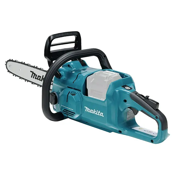 Makita XGT 40V max. Akku-Kettensäge UC022GZ - 40 V, Li-Ionen, Ohne Akku, Schwertlänge: 350 mm - Makita Akku-Kettensäge in Türkis und Schwarz mit silberner Führungsschiene und Kette. Der Akku ist im Gehäuse sichtbar.