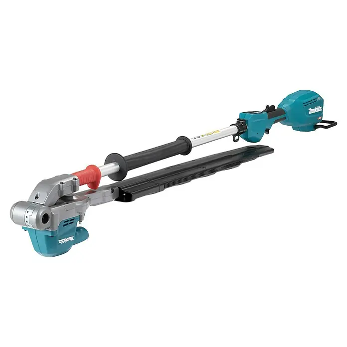 Makita XGT 40V max. Akku-Heckenschere UN001G - 40 V, Li-Ionen, Ohne Akku, Schnittlänge: 600 mm - Makita Akku-Stielheckenschere mit türkiser Antriebseinheit, langem Silberschaft, schwarzen Griffen, rotem Griff und silbernem Schneidkopf, mit schwarzem Messerschutz.