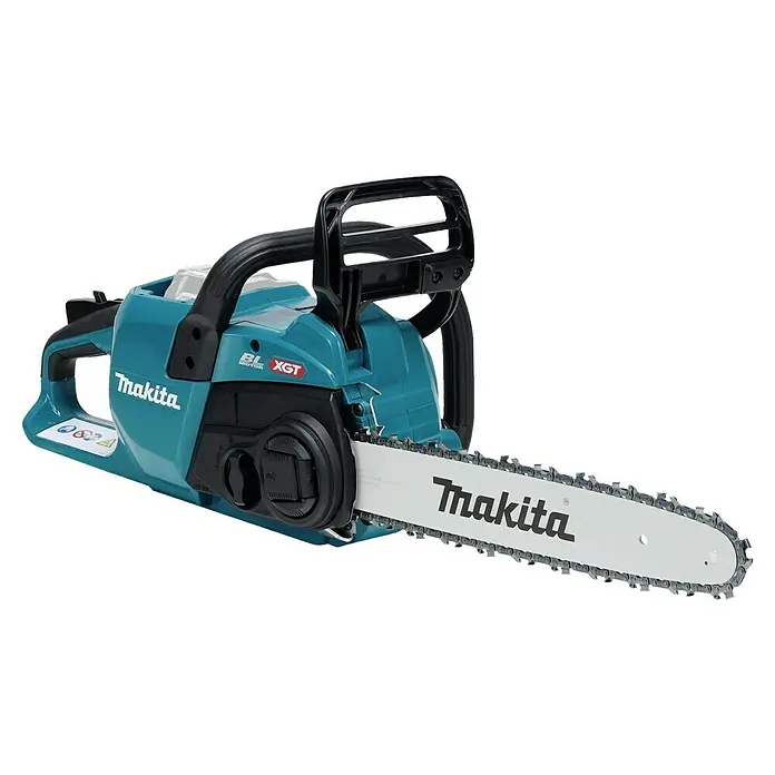 Makita XGT 40V max. Akku-Kettensäge UC022GZ - 40 V, Li-Ionen, Ohne Akku, Schwertlänge: 350 mm - Makita XGT Akku-Kettensäge in Türkis und Schwarz mit silbernem Schwert und Kette.