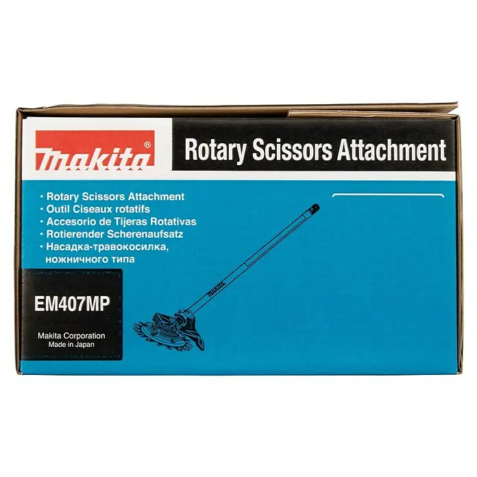 Makita Gras- & Strauchscherenaufsatz EM407MP - Passend für: Alle Makita Akku- und Benzin-Multifunktionsantriebe - Blaue und schwarze Makita EM407MP Rotationsscheren-Aufsatzbox mit Produktabbildung.