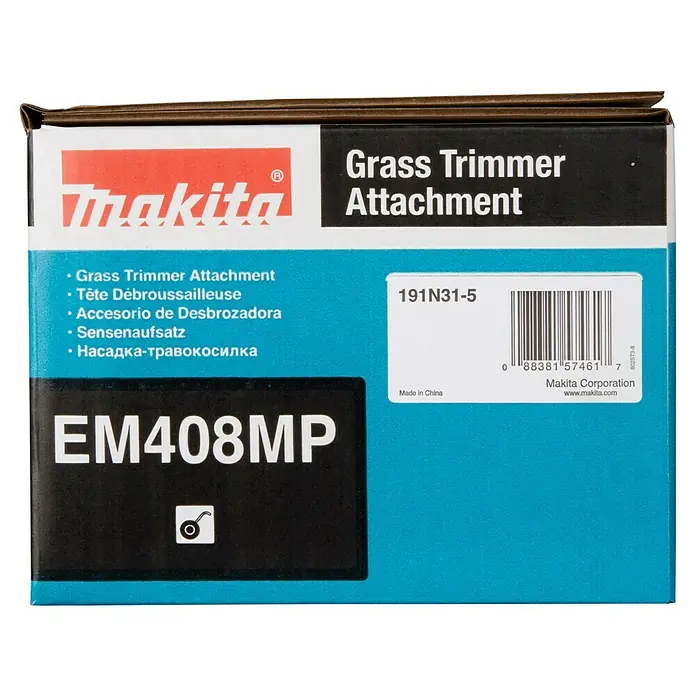 Makita Rasentrimmeraufsatz EM408MP - Passend für: DUX18, DUX60, UX01G - Makita Grass Trimmer Anbaugerät Verpackung, EM408MP, 191N31-5, schwarz, blau, weiß, mehrsprachiger Text.