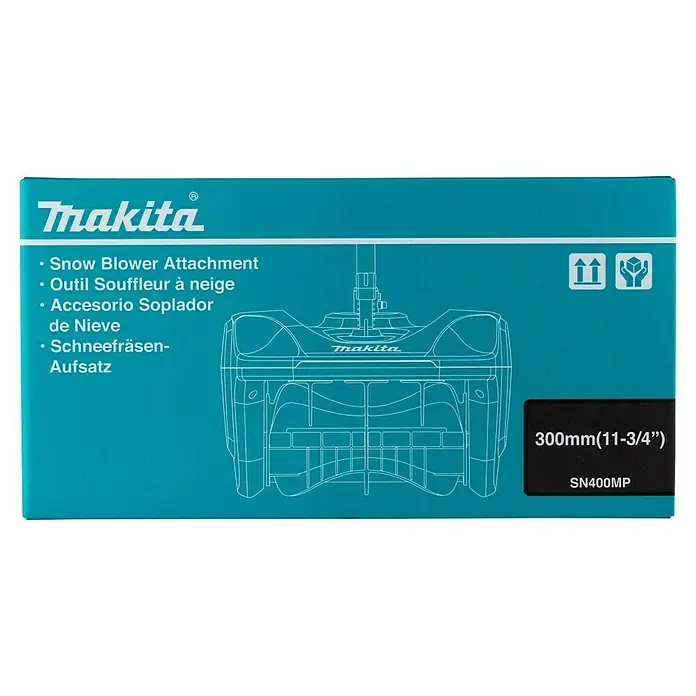 Makita Multifunktionswerkzeug-Zubehör Schneefräsen-Aufsatz SN400MP - Passend für: DUX18, DUX60, UX01G - Makita Schneefräsen-Aufsatz-Verpackung, türkisfarbene Box mit weißem Text und Strichzeichnung. Größe 300mm, Modell SN400MP.