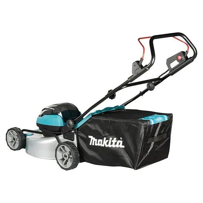 Makita LXT 18V Akku-Rasenmäher DLM466PT2 - 18 V, 2 Akkus, 5 Ah, Schnittbreite: 46 cm - Makita Elektromäher mit türkisen und schwarzen Akzenten, silbernem Mähdeck und schwarzem Fangkorb aus Stoff.