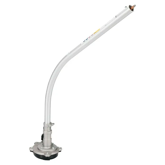Makita Tauchpumpen-Anschlussstück PF400MP - Passend für: DUX18, DUX60, UX01G - Gekrümmter silberner Metallschaft für Freischneider oder Trimmer, mit Getriebegehäuse an der Basis und freiliegender Antriebswelle oben.