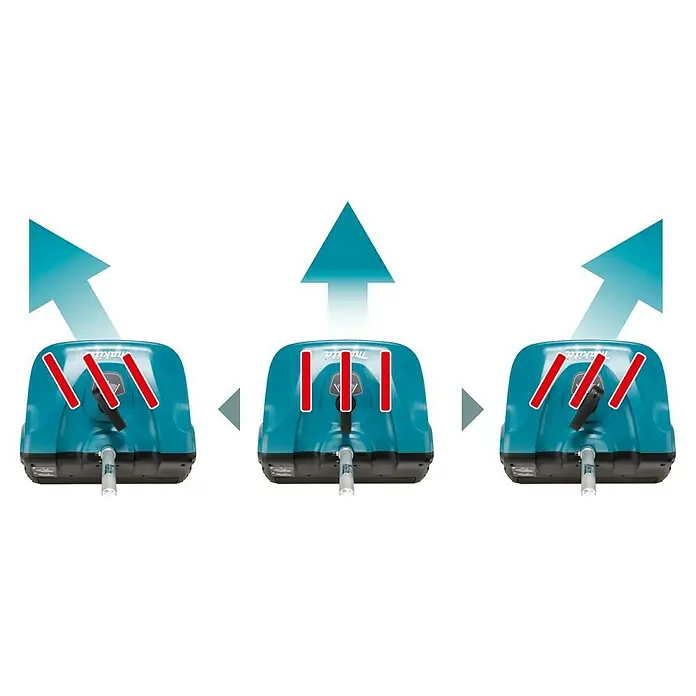 Makita Multifunktionswerkzeug-Zubehör Schneefräsen-Aufsatz SN400MP - Passend für: DUX18, DUX60, UX01G - Makita blaugrünes Gerät zeigt drei einstellbare Flussrichtungen mit roten Balken und blauen Pfeilen.