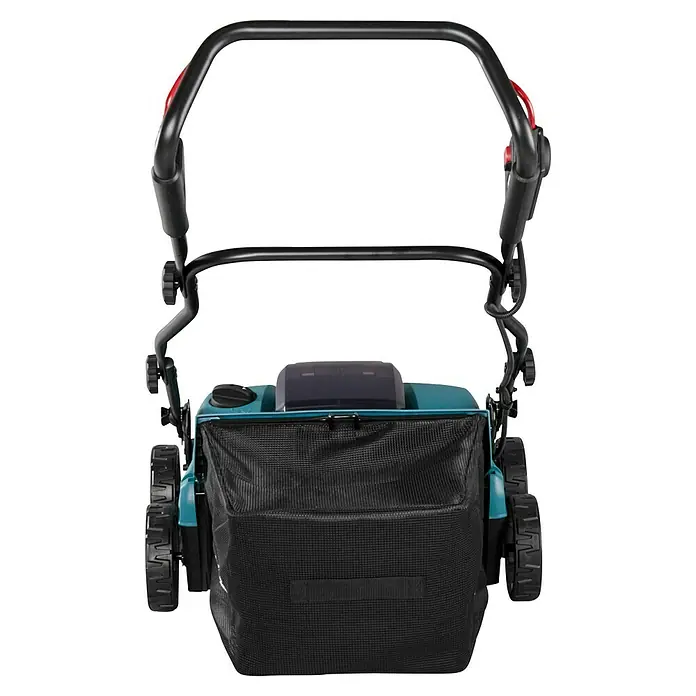 Makita XGT 40V max. Escarificador de batería UV001GZ - Número de baterías: Sin batería, 40 V, Anchura de trabajo: 38 cm - Vista trasera de un cortacésped eléctrico turquesa y negro con bolsa de recogida de tela negra y asas negras.