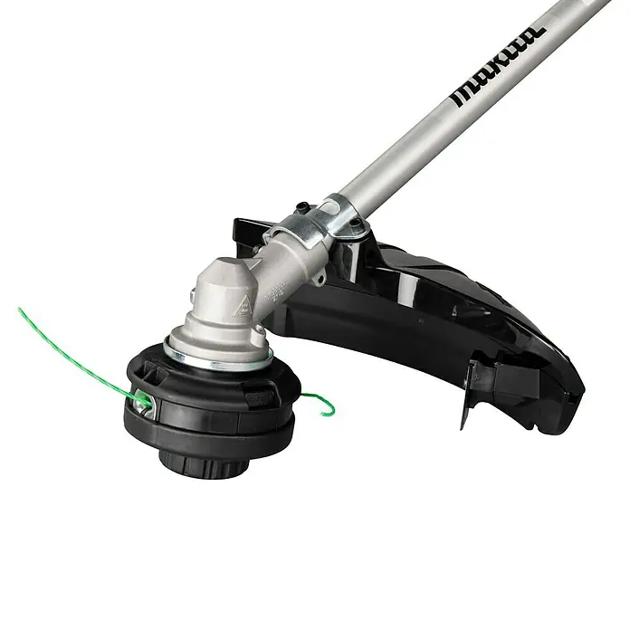 Makita Rasentrimmeraufsatz EM408MP - Passend für: DUX18, DUX60, UX01G - Makita Rasentrimmerkopf mit schwarzem Kunststoffgehäuse, silbernem Metallgetriebegehäuse und einer grünen Trimmerschnur.