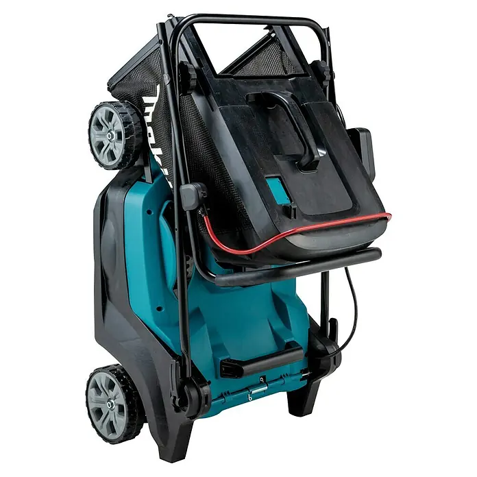 Makita XGT 40V max. Akku-Rasenmäher LM004GZ - 40 V, Ohne Akku, 8 Ah, Schnittbreite: 43 mm - Aufrechter elektrischer Gartenhäcksler/Sauger in Schwarz und Türkis, mit Netzfangsack und großen Rädern.