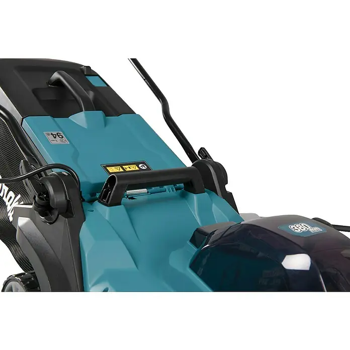 Makita XGT 40V max. Akku-Rasenmäher LM003GZ - 40 V, Ohne Akku, 8 Ah, Schnittbreite: 38 mm - Nahaufnahme eines türkisfarbenen und schwarzen Elektromähers, der das Oberteil und die Bediengriffe zeigt.