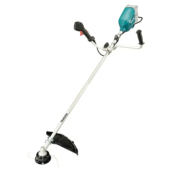 Makita XGT 40V max. Akku-Freischneider UR012GZ06 - 40 V, 8 Ah, Ohne Akku, Schnittbreite Faden: 305 cm - Makita Akku-Rasentrimmer mit türkisfarbenem Motor, silbernem Schaft und schwarzen Griffen/Schutz. Schneidkopf mit Faden sichtbar.