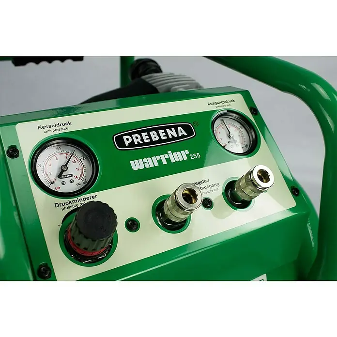 Prebena Kompressor Warrior 255 - Max. Druck: 10 bar, 20 l - Grünes PREBENA Warrior 255 Kompressor-Bedienfeld mit zwei Manometern, Druckregler und zwei Luftausgängen.