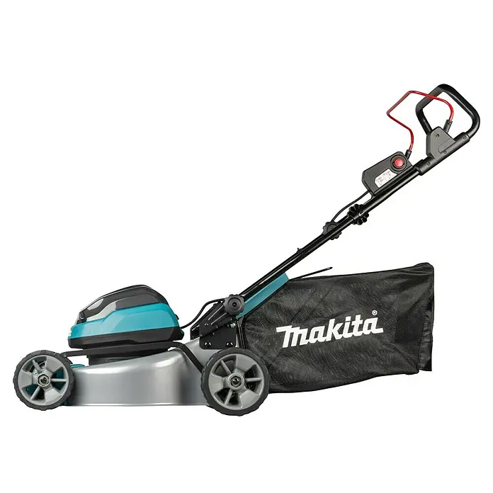 Makita LXT 18V Akku-Rasenmäher DLM466PT2 - 18 V, 2 Akkus, 5 Ah, Schnittbreite: 46 cm - Makita Akku-Rasenmäher in Türkis, Schwarz und Silber, mit rotem Sicherheitsbügel und Marken-Fangkorb.