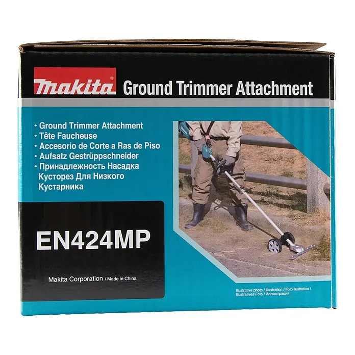 Makita Gras- & Strauchscherenaufsatz EN424MP - Passend für: DUX18, DUX60, UX01G - Makita EN424MP Boden-Rasentrimmer-Aufsatz-Box. Bild zeigt Person beim Trimmen im Freien. Schwarz-blaue Verpackung.