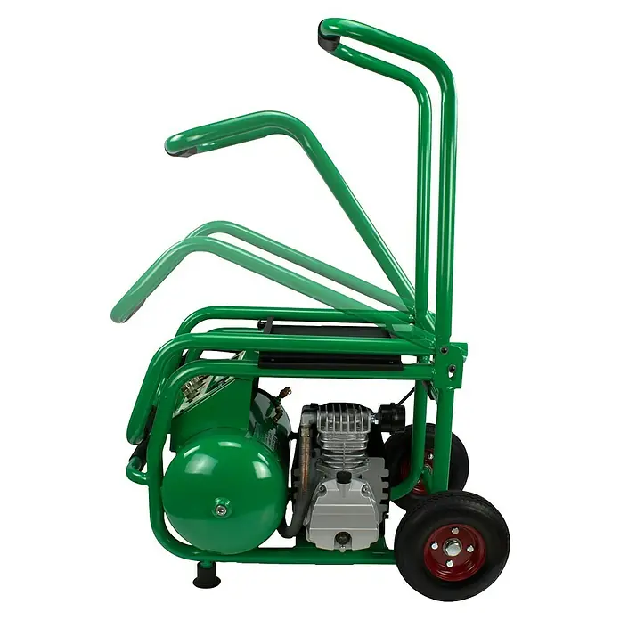 Prebena Kompressor Warrior 255 - Max. Druck: 10 bar, 20 l - Tragbarer grüner Luftkompressor mit klappbarem Griff, zwei Rädern und horizontalem Lufttank.