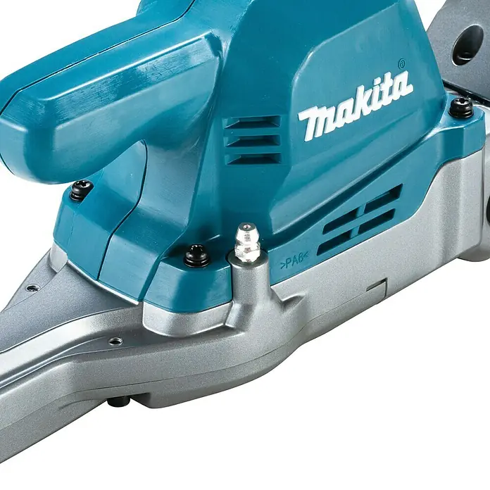 Makita XGT 40V max. Akku-Heckenschere UN001G - 40 V, Li-Ionen, Ohne Akku, Schnittlänge: 600 mm - Makita Elektrowerkzeug mit türkisfarbenem Kunststoffgehäuse und silbergrauem Unterteil, Logo und Lüftungsschlitze sichtbar.