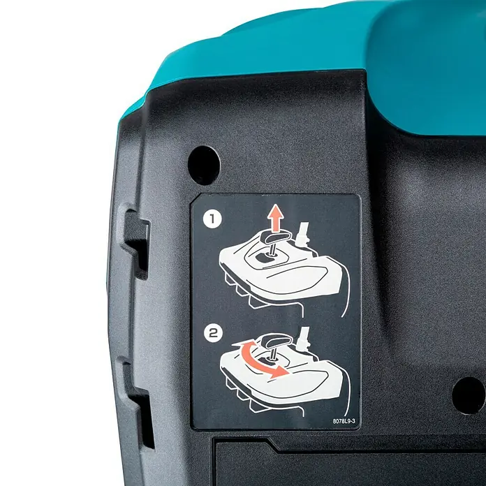 Makita Multifunktionswerkzeug-Zubehör Schneefräsen-Aufsatz SN400MP - Passend für: DUX18, DUX60, UX01G - Schwarz-türkises Gerät mit Anleitungsetikett zum Anheben und Drehen eines Bedienelements.
