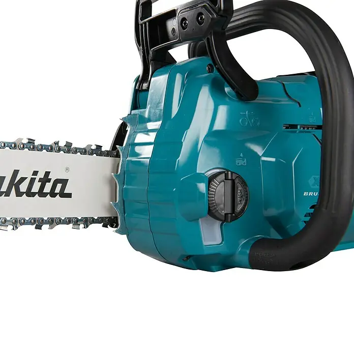 Makita XGT 40V max. Akku-Kettensäge UC022GZ - 40 V, Li-Ionen, Ohne Akku, Schwertlänge: 350 mm - Türkisfarbene Makita Kettensäge mit schwarzen Griffen und silberner Kette, zeigt das Markenlogo auf dem Schwert.