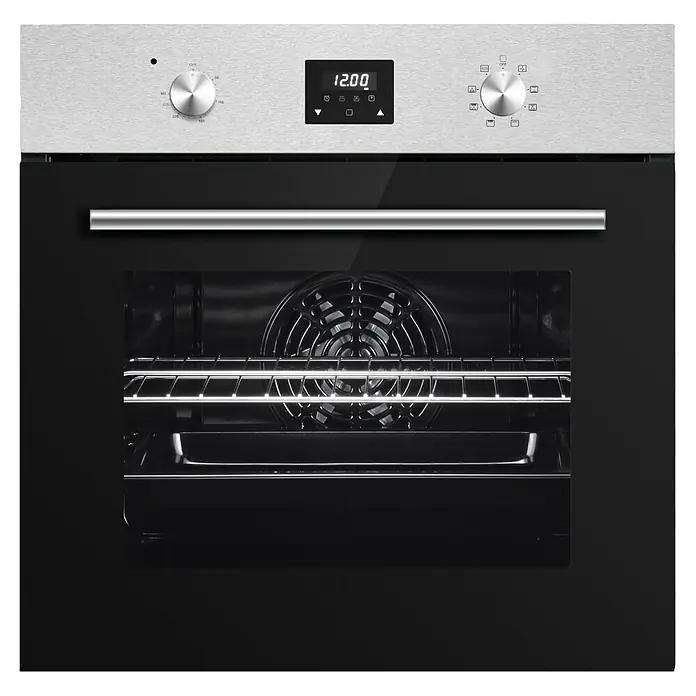 PKM Einbaubackofen EB7IXD - Anzahl Beheizungsarten: 8 Stk., Volumen Backofen: 64 l, Edelstahl - Einbau-Elektrobackofen mit Bedienfeld aus gebürstetem Edelstahl, schwarzer Glastür, Digitalanzeige und Blick auf Ventilator und Rost im Inneren.