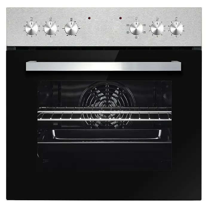 PKM Einbauherd-Set EHS4IX - Anzahl Beheizungsarten: 5 Stk., Edelstahl - Einbau-Elektrobackofen mit schwarzer Glastür und Edelstahl-Bedienfeld, beleuchteter Innenraum mit Ventilator und Rosten.