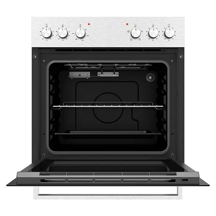 Flex-Well Lucca Küchenzeile - Breite: 270 cm, Weiß, Mit Elektrogeräten - Edelstahl-Backofen mit offener Glastür, schwarzem Innenraum und Drehknöpfen.