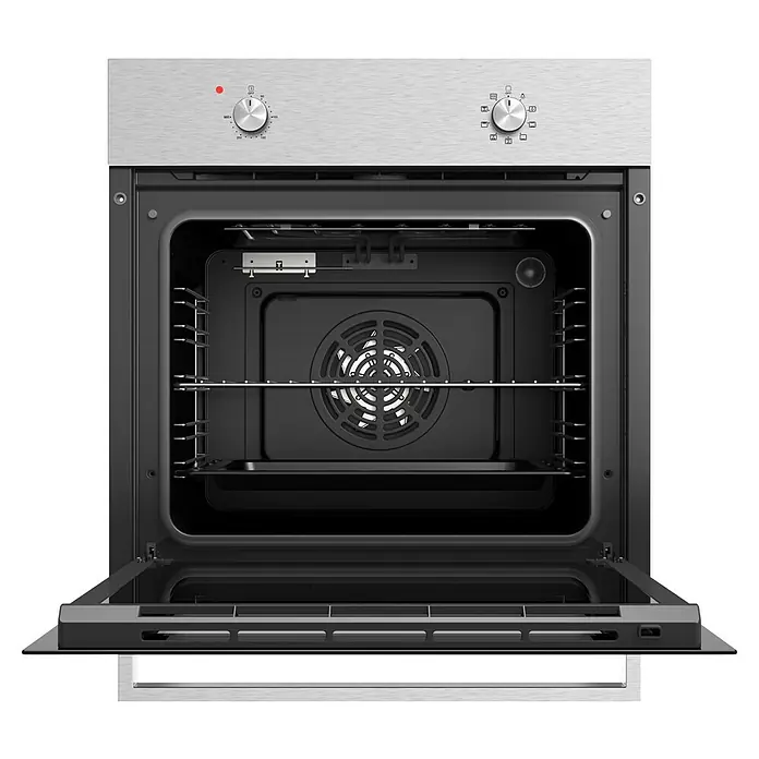 PKM Einbaubackofen EB7IX - Anzahl Beheizungsarten: 8 Stk., Volumen Backofen: 64 l, Edelstahl - Einbau-Elektroherd mit offener Glastür, Edelstahl-Bedienfeld, schwarzem Innenraum, Lüfter und Metallrosten.