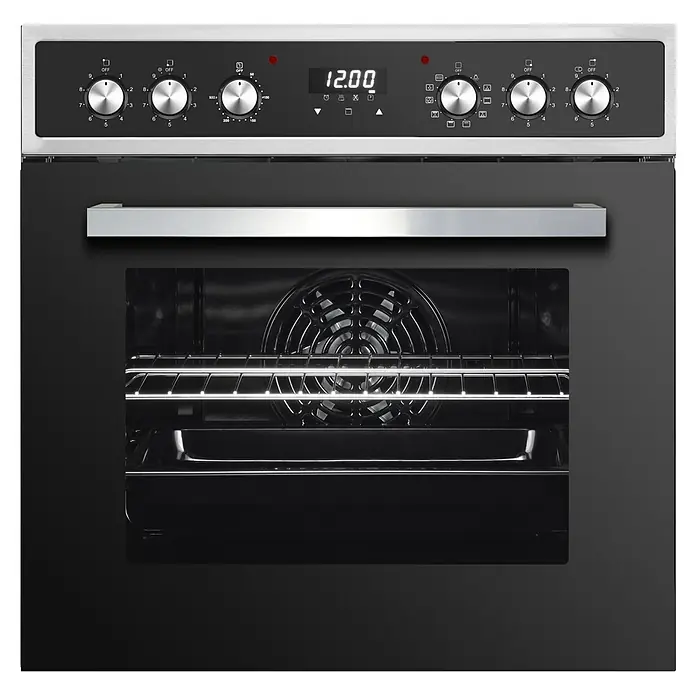 PKM Einbauherd-Set EHS88-2KBG - Anzahl Beheizungsarten: 8 Stk., Edelstahl - Moderner schwarzer Einbau-Backofen mit Edelstahl-Bedienelementen und Griff. Innenraum mit Rosten und Ventilator sichtbar.