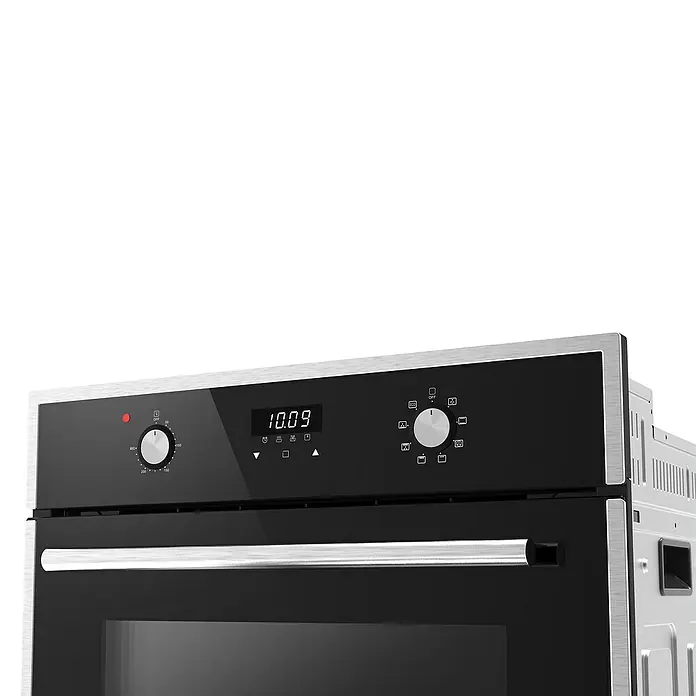PKM Einbaubackofen EB9 - Anzahl Beheizungsarten: 8 Stk., Volumen Backofen: 64 l, Schwarz - Einbau-Elektrobackofen mit schwarzer Glastür, Edelstahlblende, Digitalanzeige und zwei Drehknöpfen.