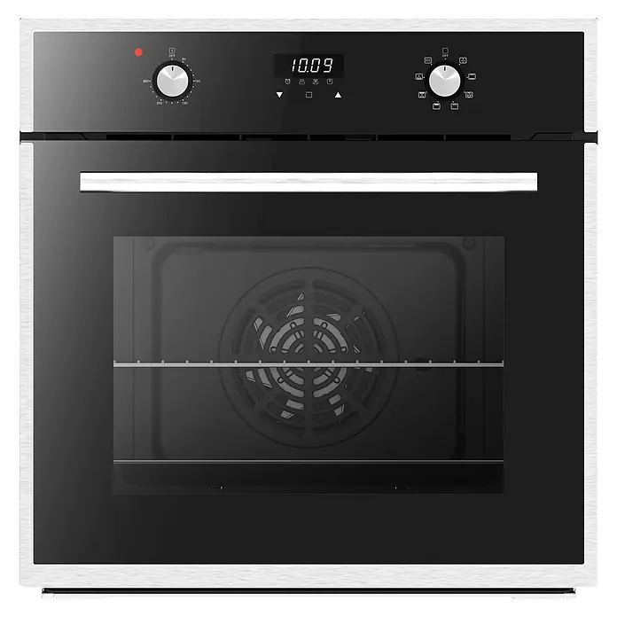 PKM Einbaubackofen EB9 - Anzahl Beheizungsarten: 8 Stk., Volumen Backofen: 64 l, Schwarz - Schwarzer Einbaubackofen mit Digitalanzeige, Drehknöpfen und Glastür, die einen Innenlüfter und Rost zeigt.